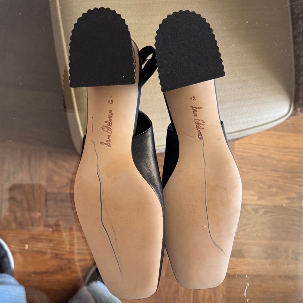 Sam Edelman black leather sling back pumps squared toe pleated heel size 8.5 - Picture 3 of 4